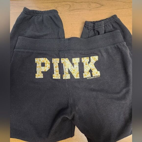 PINK Limited edition Medium Black sweatpants with PINK in gold & silver embellis - Picture 1 of 7
